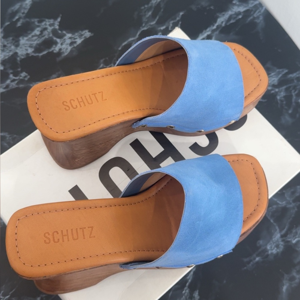Schutz Blue Suede Wedge Heel Clog Sandals Lanneh Women's Size 8 AUTHENTIC NEW - Picture 5 of 9